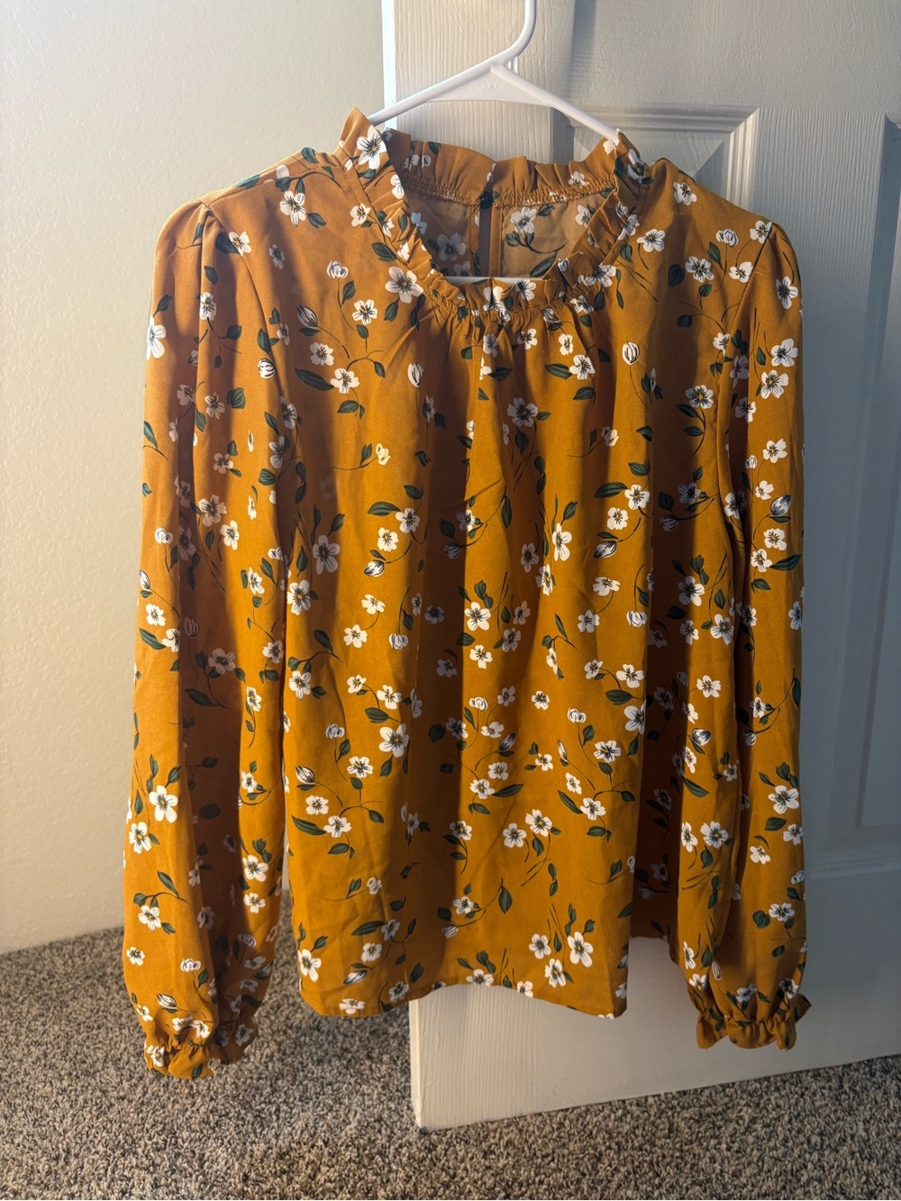 SHEIN Mustard Floral Ruffle-Neck Long Sleeve Top